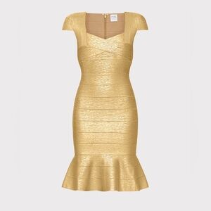 Herve Leger | Foil Cap Sleeve Flare Skirt Bandage Dress